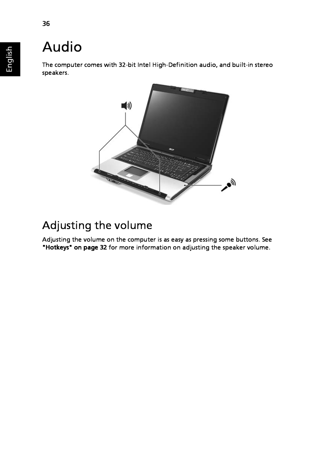 Acer 9120 manual Audio, Adjusting the volume, English 