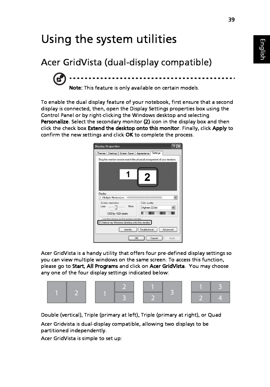 Acer 9120 manual Using the system utilities, Acer GridVista dual-display compatible, English 