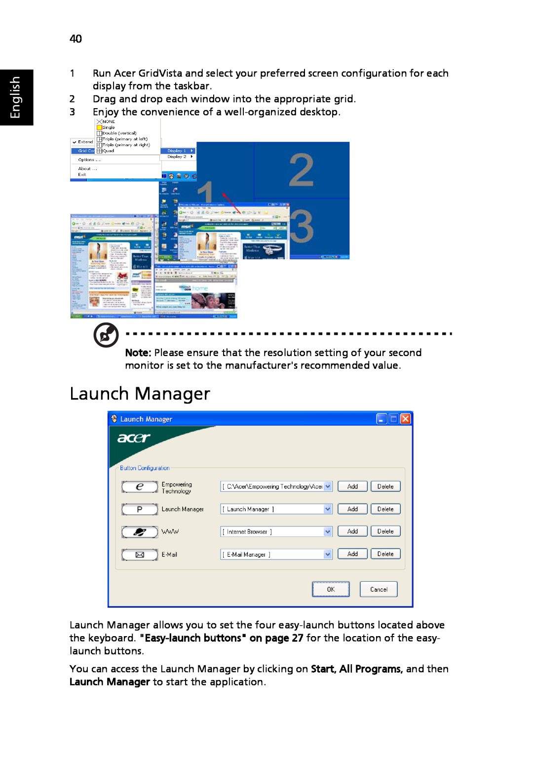 Acer 9120 manual Launch Manager, English 