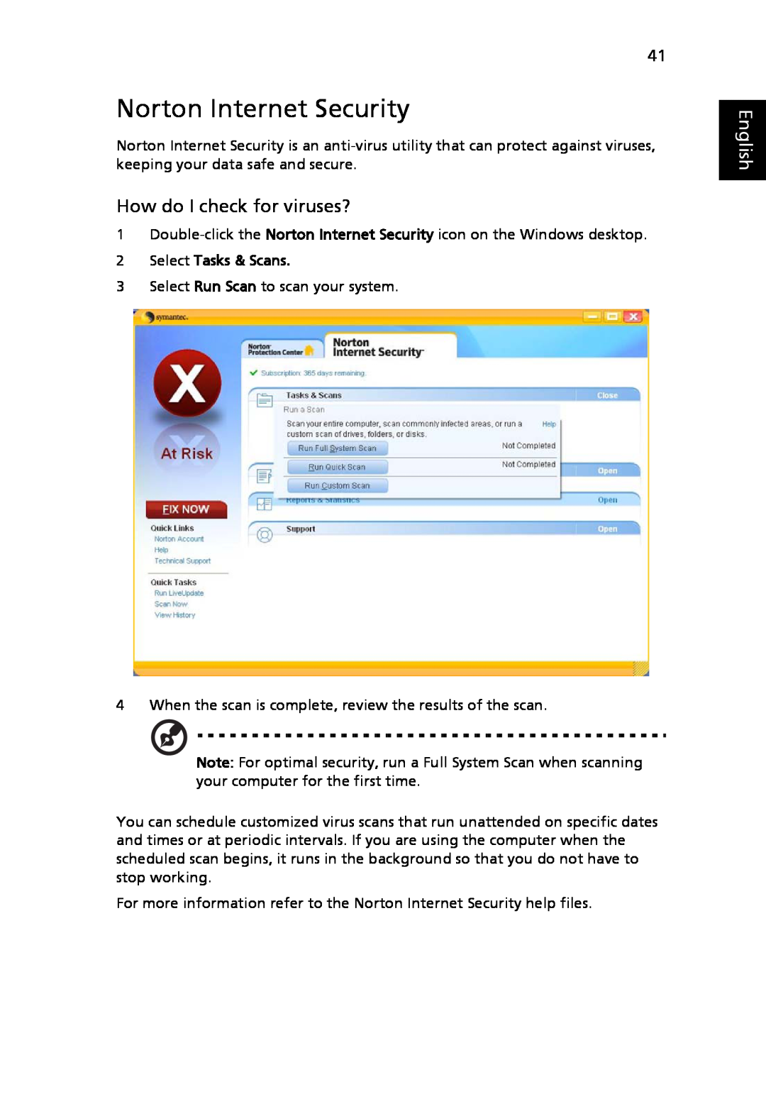 Acer 9120 manual Norton Internet Security, How do I check for viruses?, English 