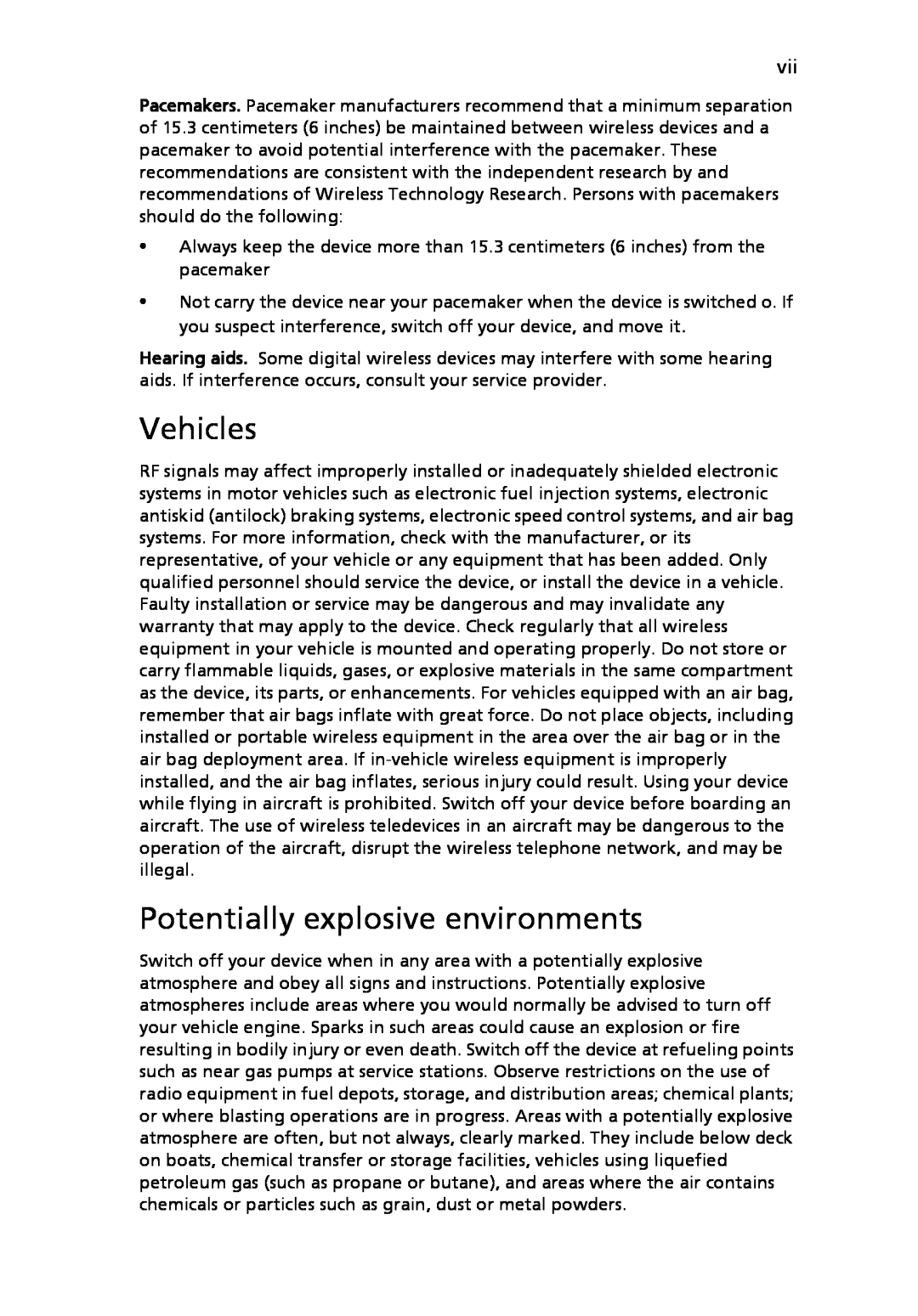 Acer 9120 manual Vehicles, Potentially explosive environments 