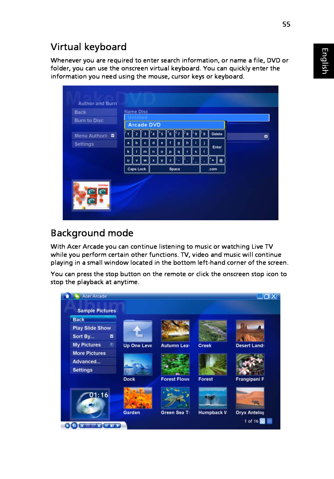 Acer 9120 manual Virtual keyboard, Background mode, English 