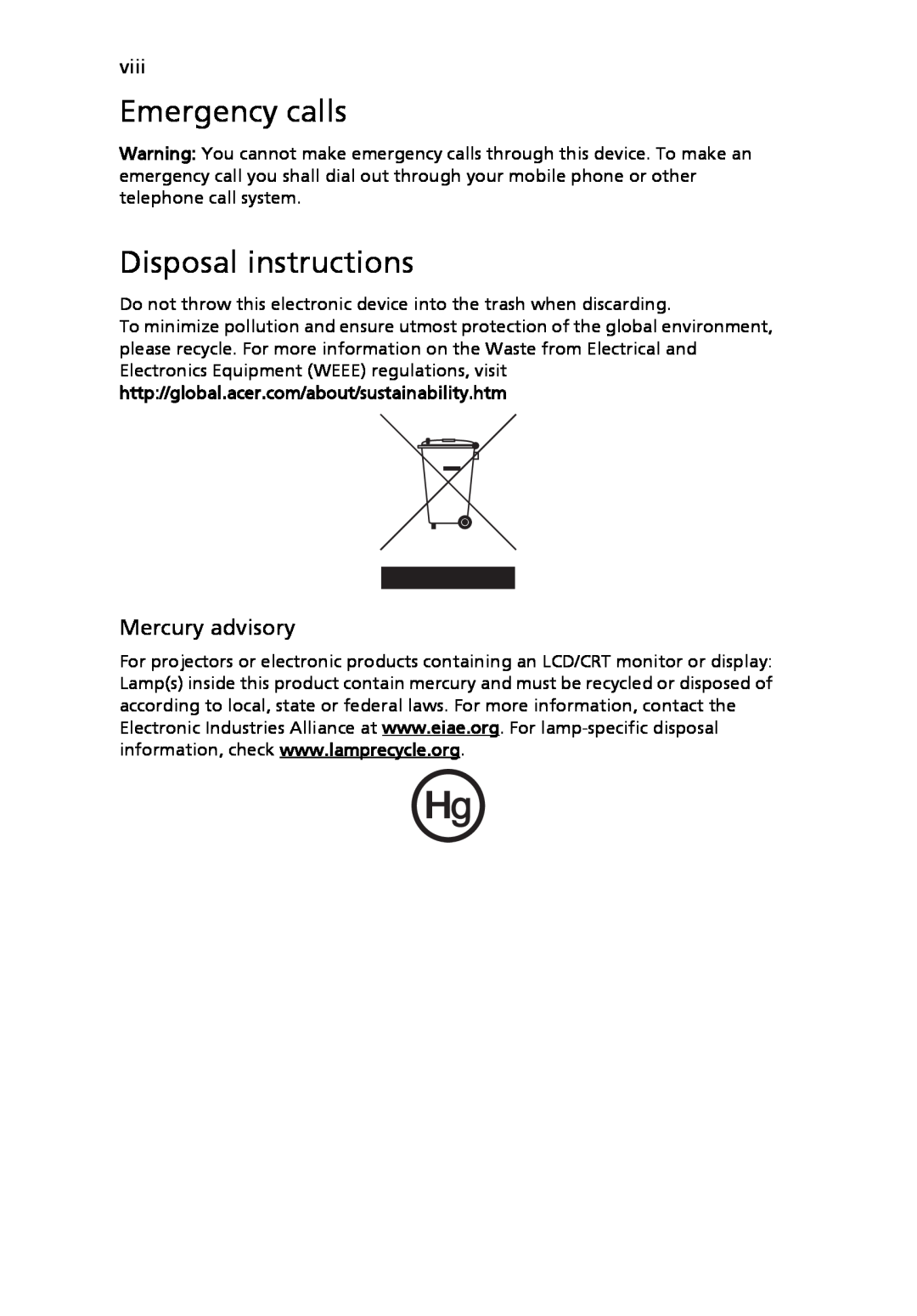 Acer 9120 manual Emergency calls, Disposal instructions, Mercury advisory 