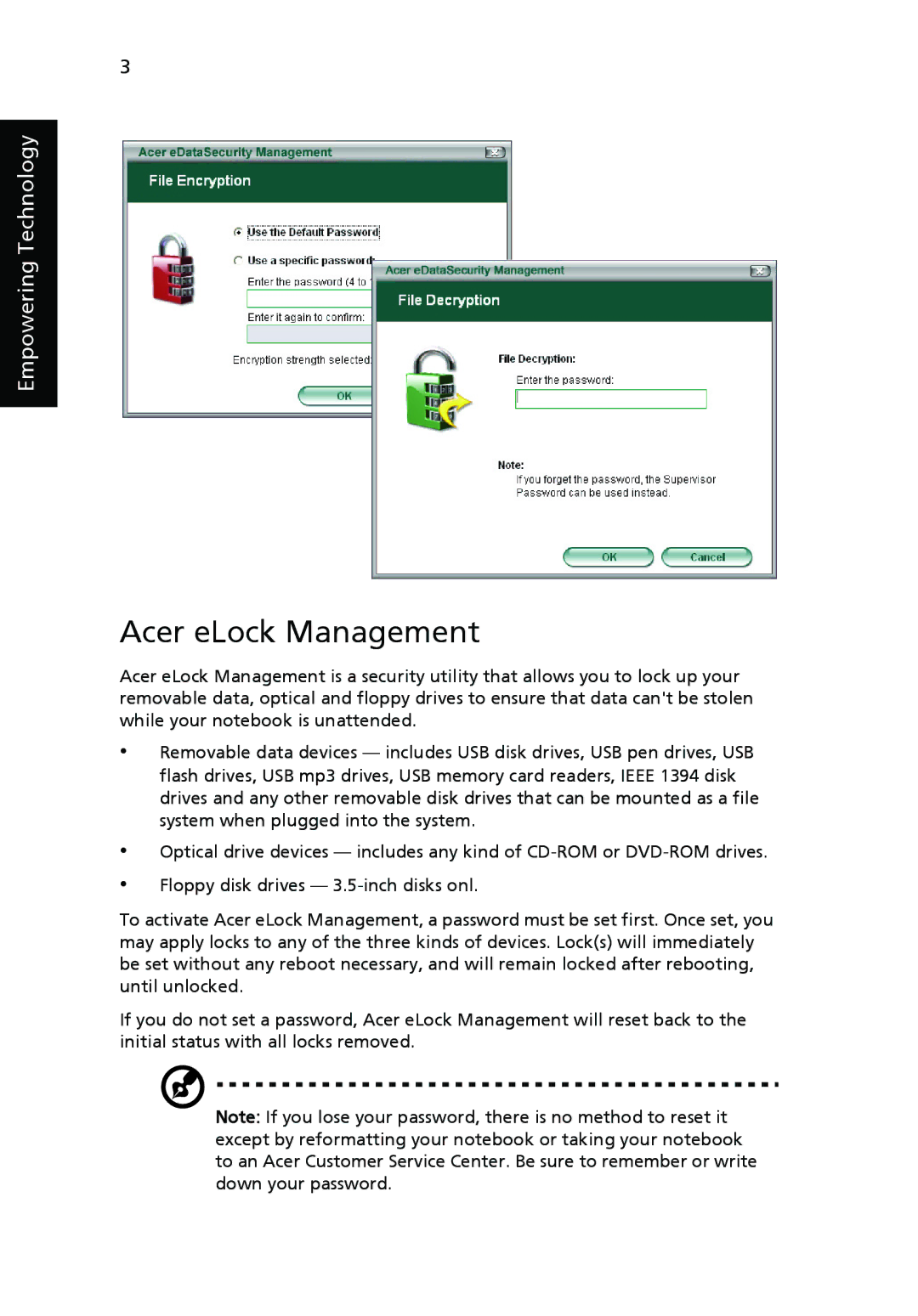 Acer 9500 manual Acer eLock Management 