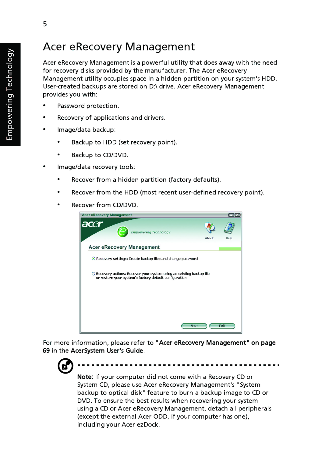 Acer 9500 manual Acer eRecovery Management 