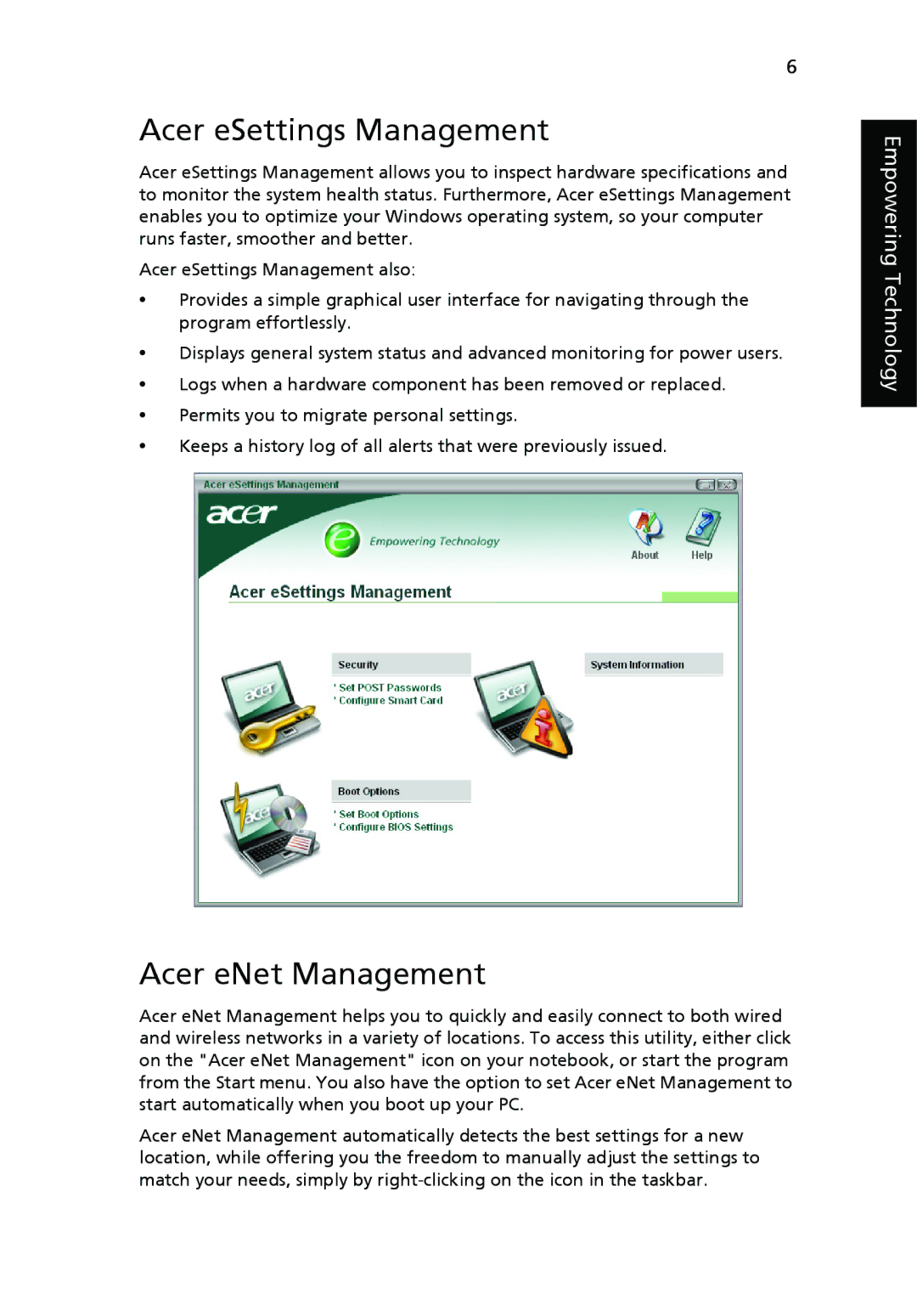 Acer 9500 manual Acer eSettings Management, Acer eNet Management 