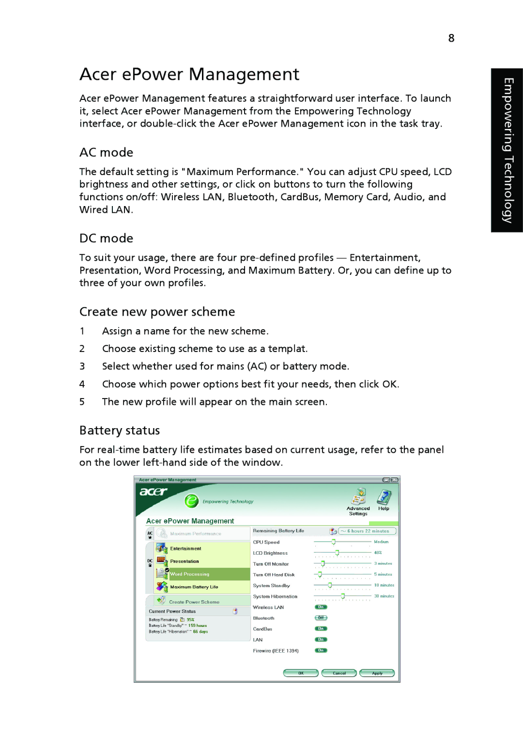 Acer 9500 manual Acer ePower Management, AC mode, DC mode, Create new power scheme, Battery status 