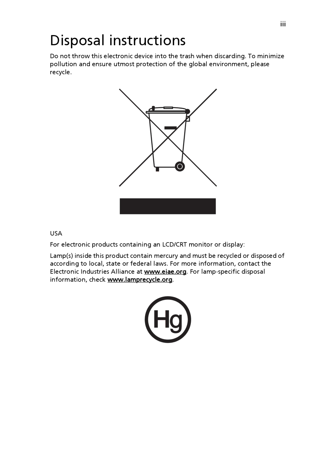 Acer 9500 manual Disposal instructions 