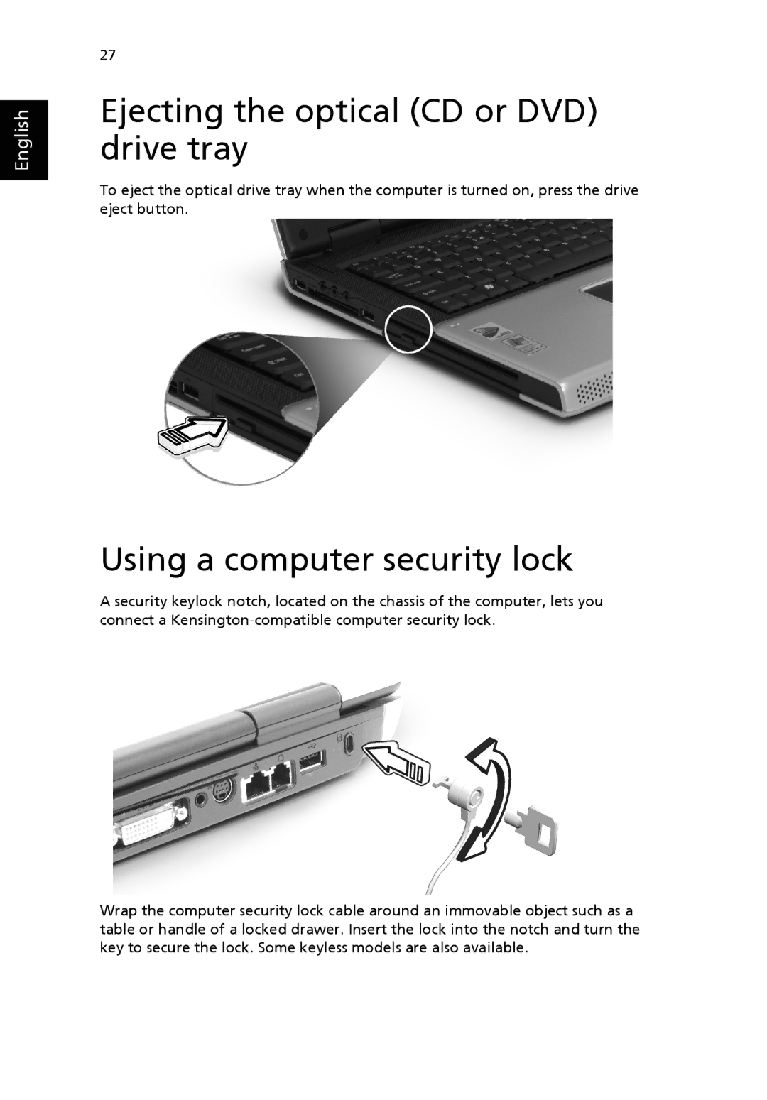 Acer 9500 manual Ejecting the optical CD or DVD drive tray, Using a computer security lock 