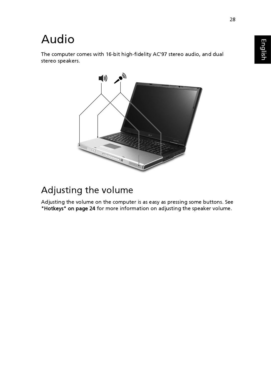 Acer 9500 manual Audio, Adjusting the volume 