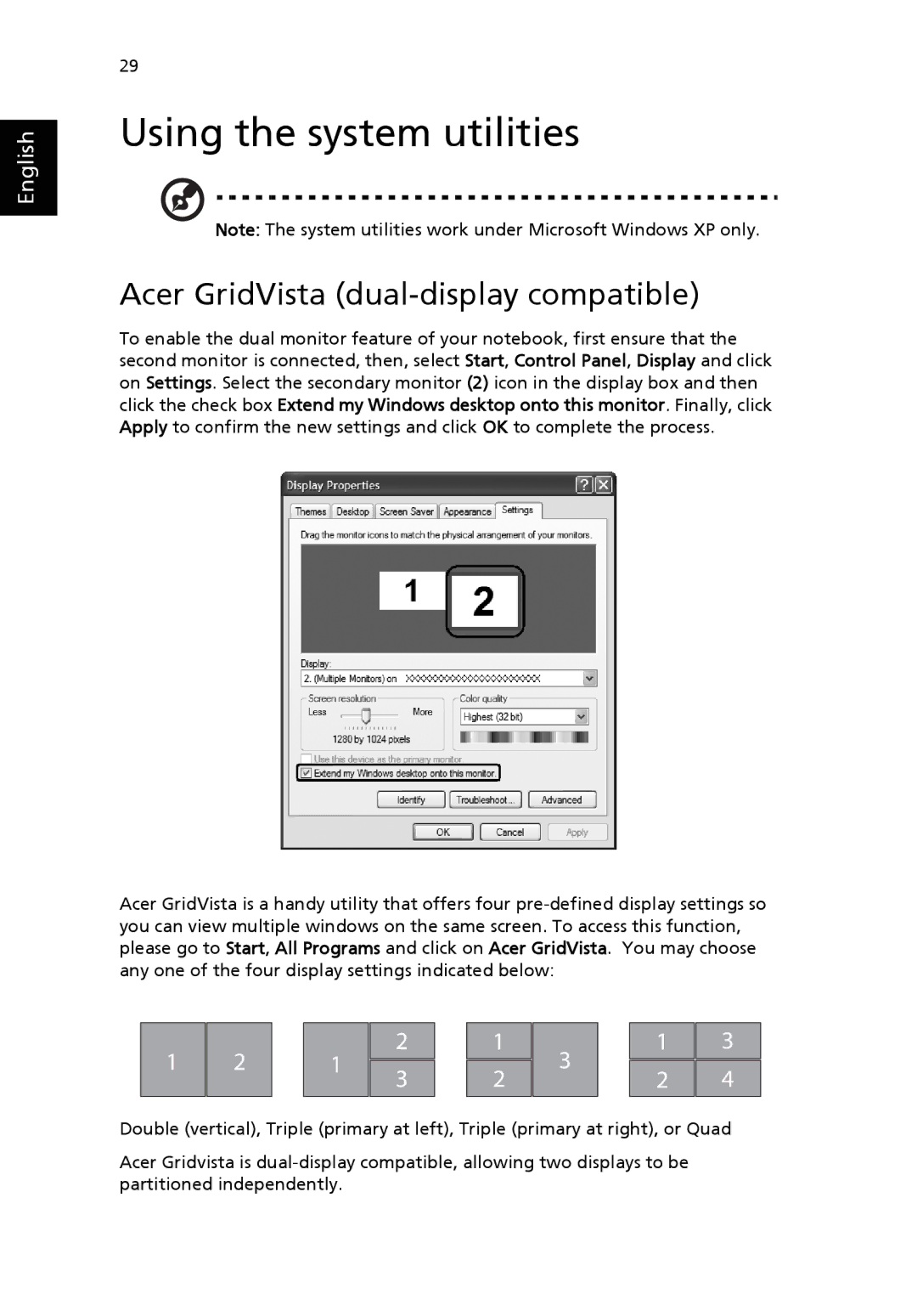 Acer 9500 manual Using the system utilities, Acer GridVista dual-display compatible 