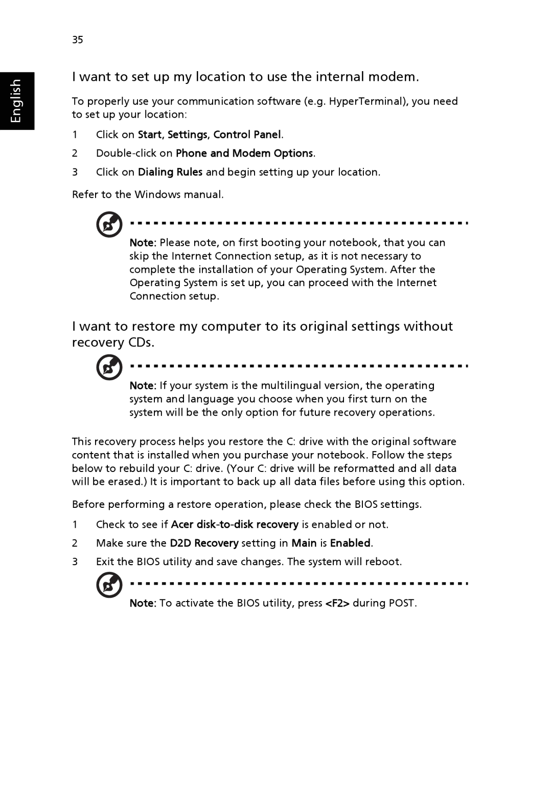 Acer 9500 manual Want to set up my location to use the internal modem 