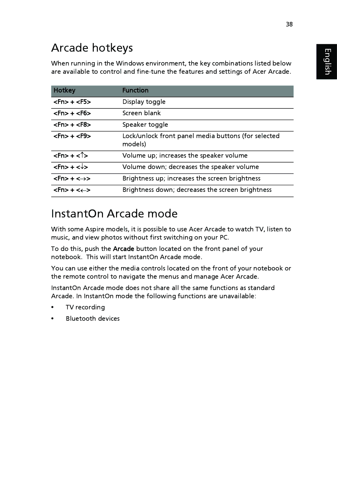 Acer 9500 manual Arcade hotkeys, InstantOn Arcade mode 