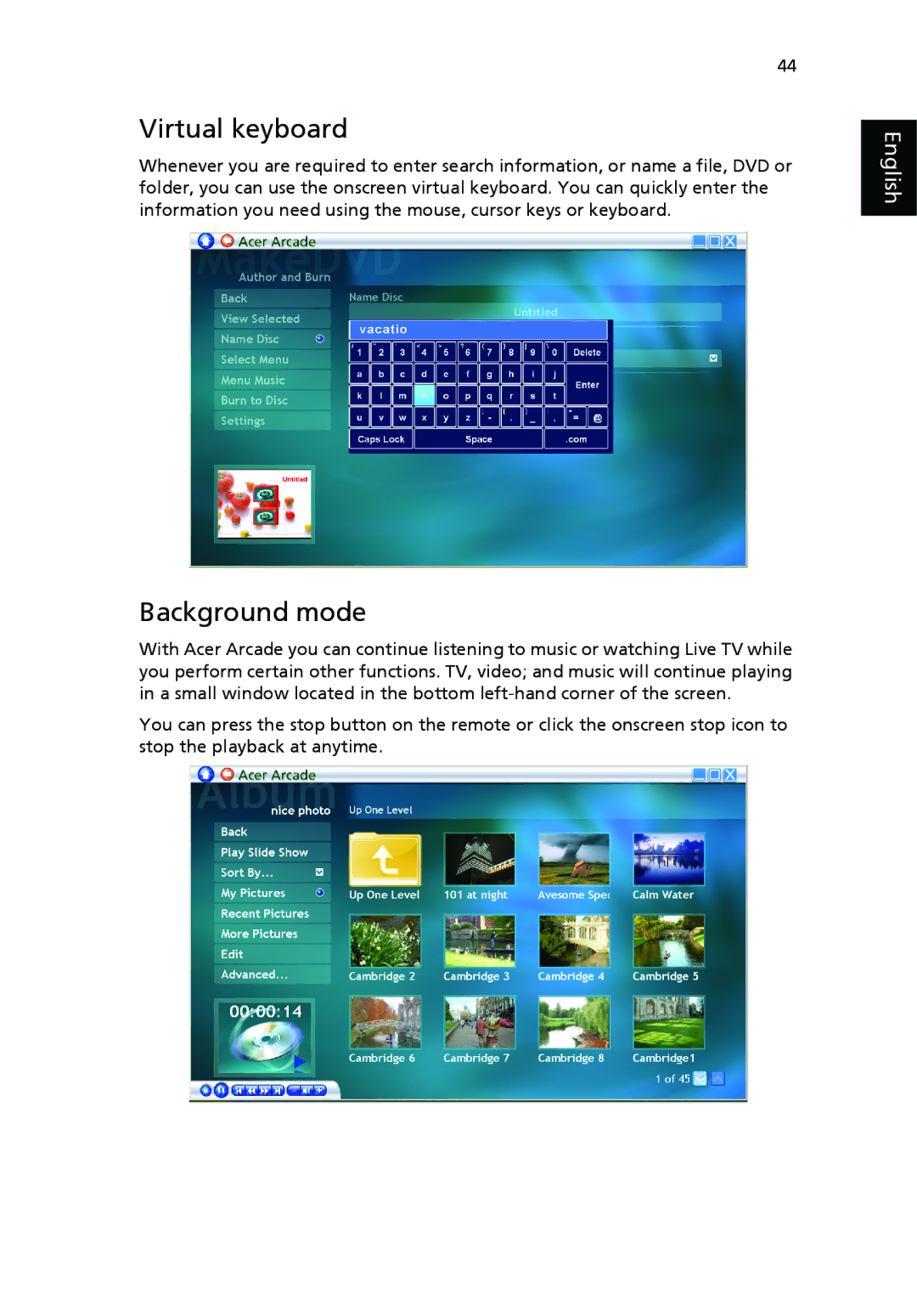 Acer 9500 manual Virtual keyboard, Background mode 