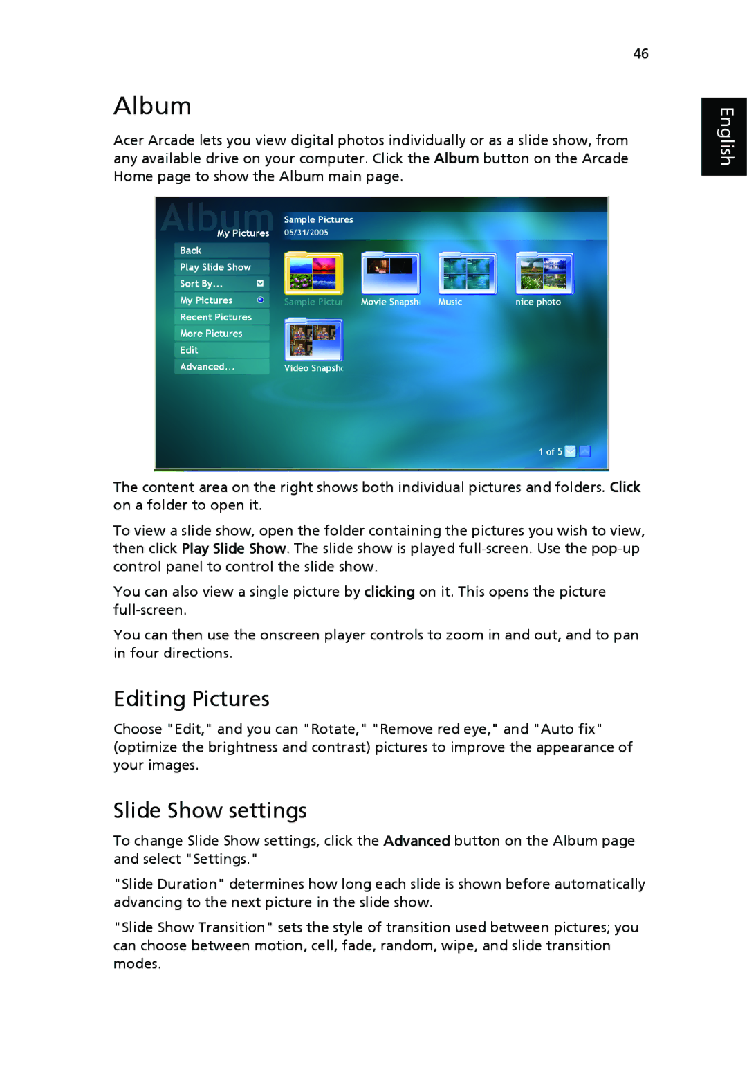 Acer 9500 manual Album, Editing Pictures, Slide Show settings 