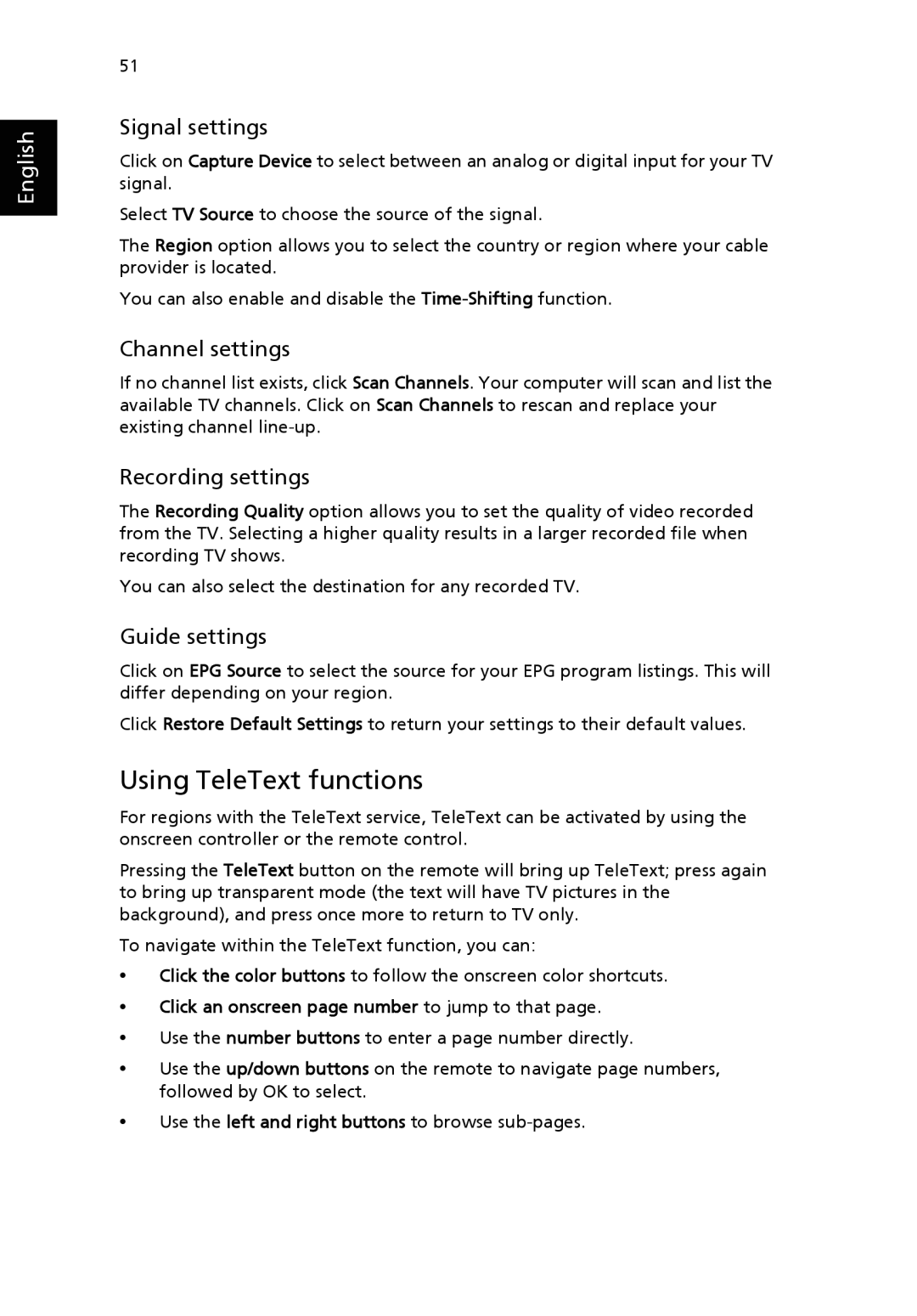 Acer 9500 manual Using TeleText functions, Signal settings, Channel settings, Recording settings, Guide settings 