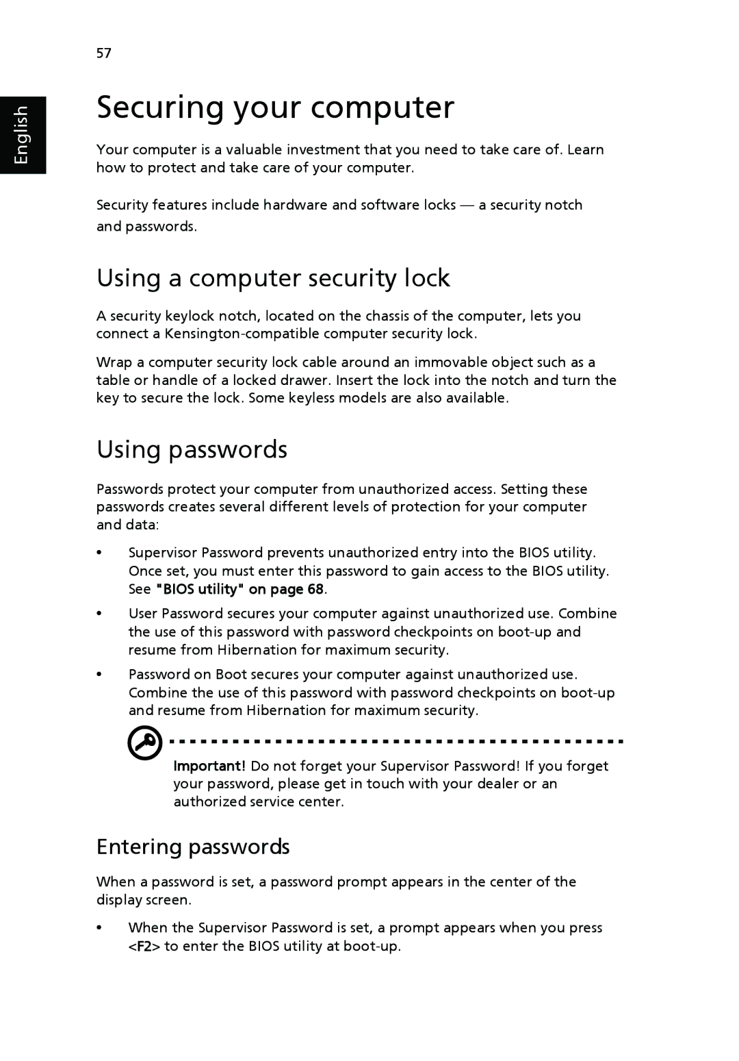 Acer 9500 manual Securing your computer, Using a computer security lock, Using passwords, Entering passwords 