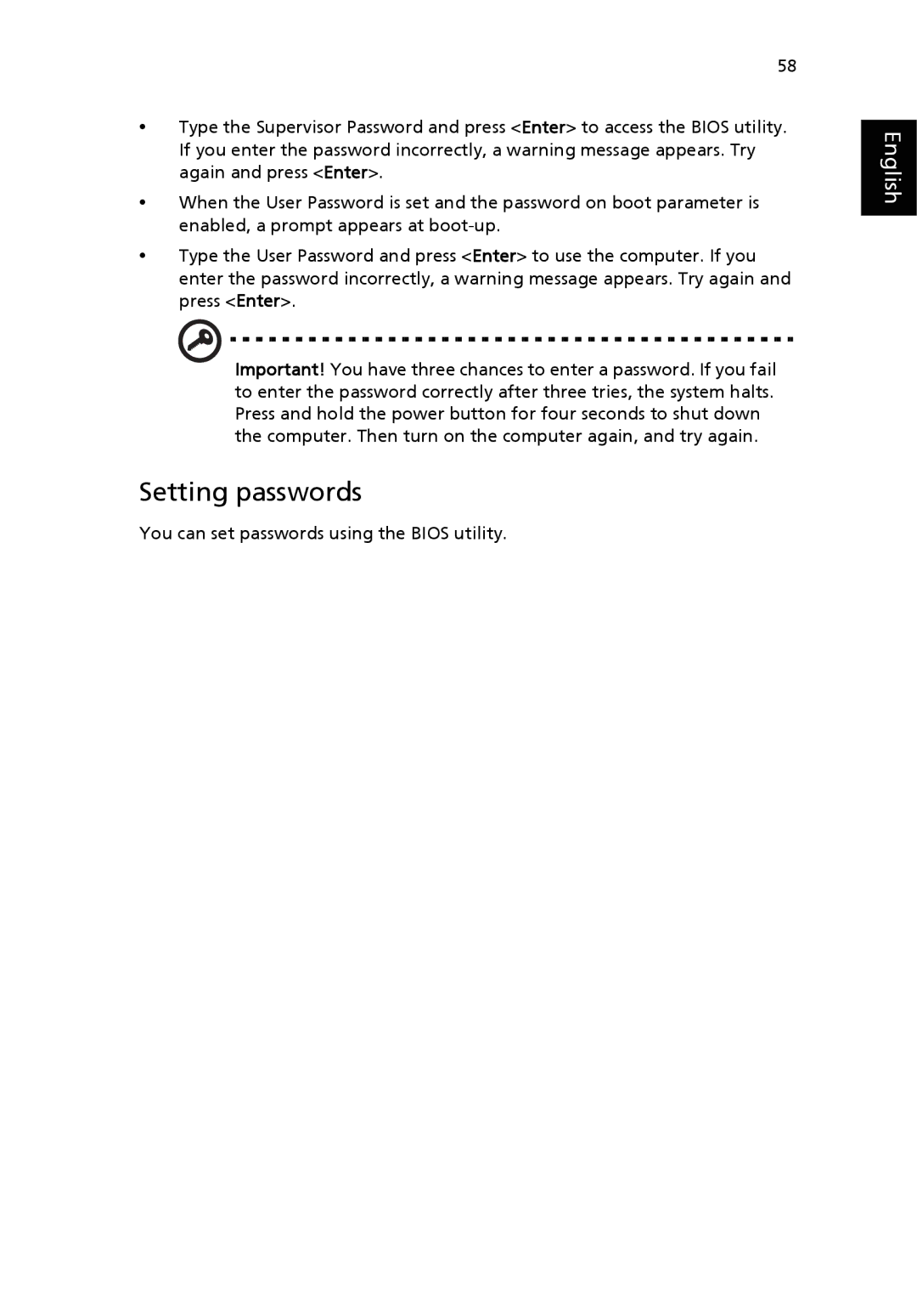 Acer 9500 manual Setting passwords 