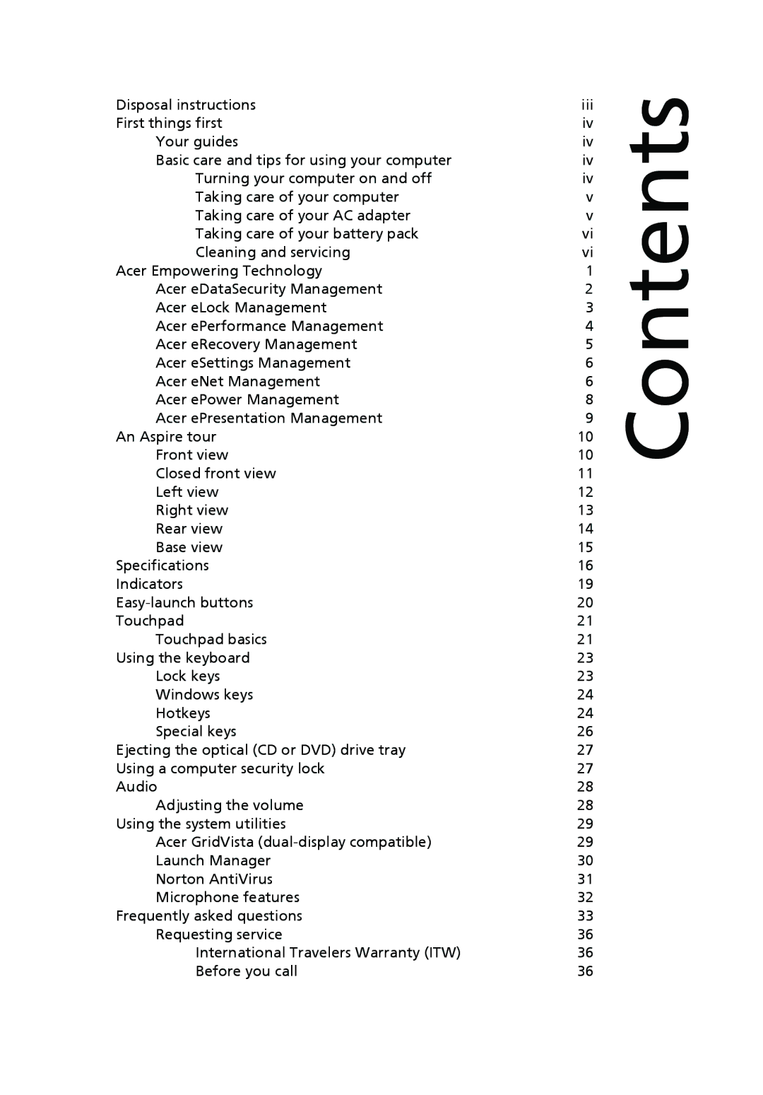 Acer 9500 manual Contents 