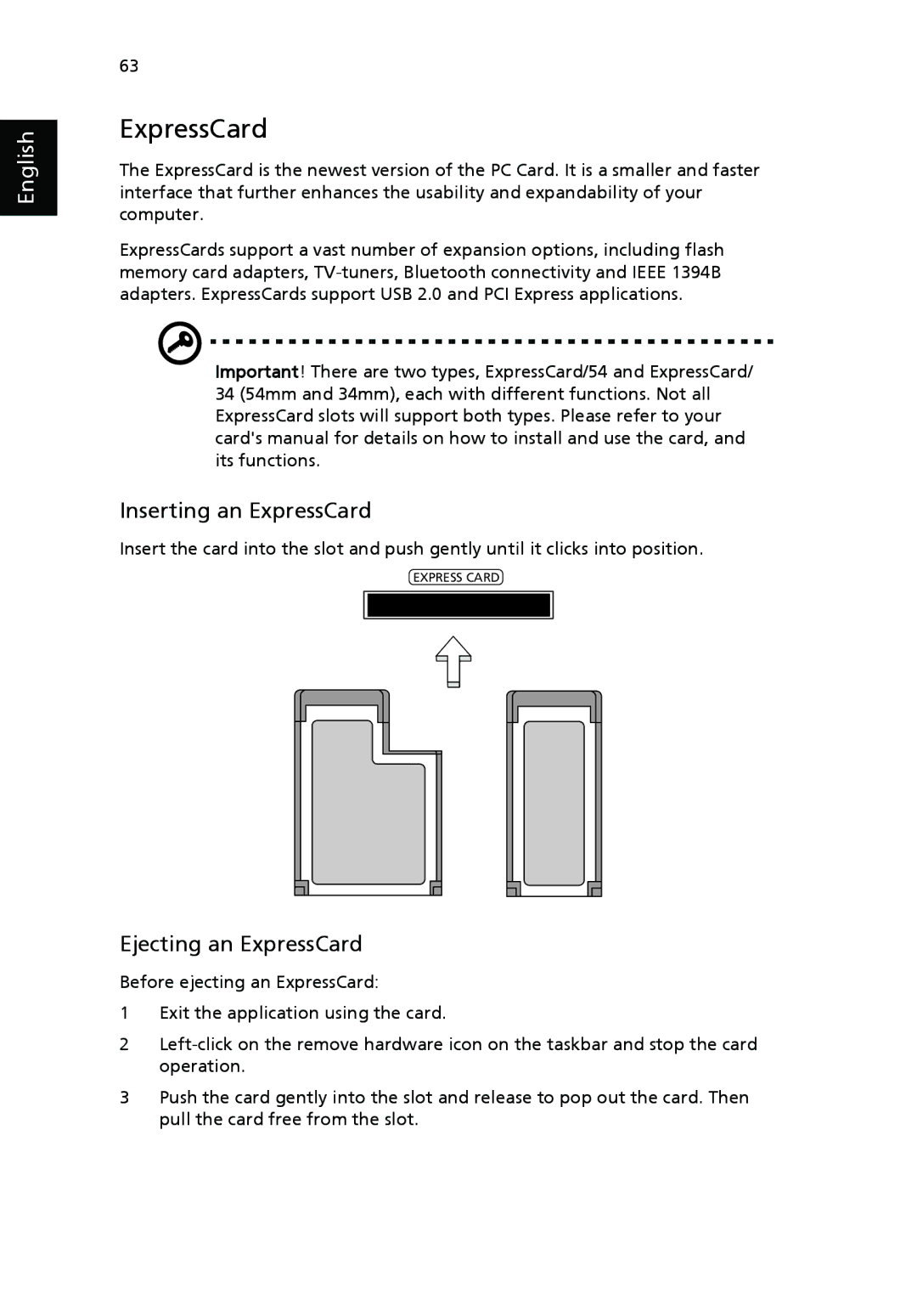 Acer 9500 manual Inserting an ExpressCard, Ejecting an ExpressCard 