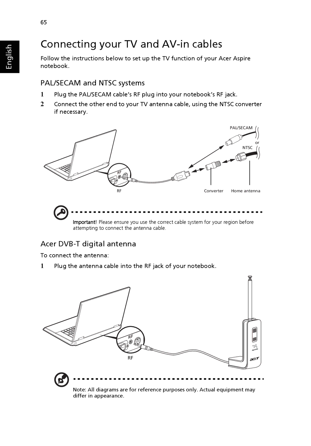 Acer 9500 manual Connecting your TV and AV-in cables, PAL/SECAM and Ntsc systems, Acer DVB-T digital antenna 