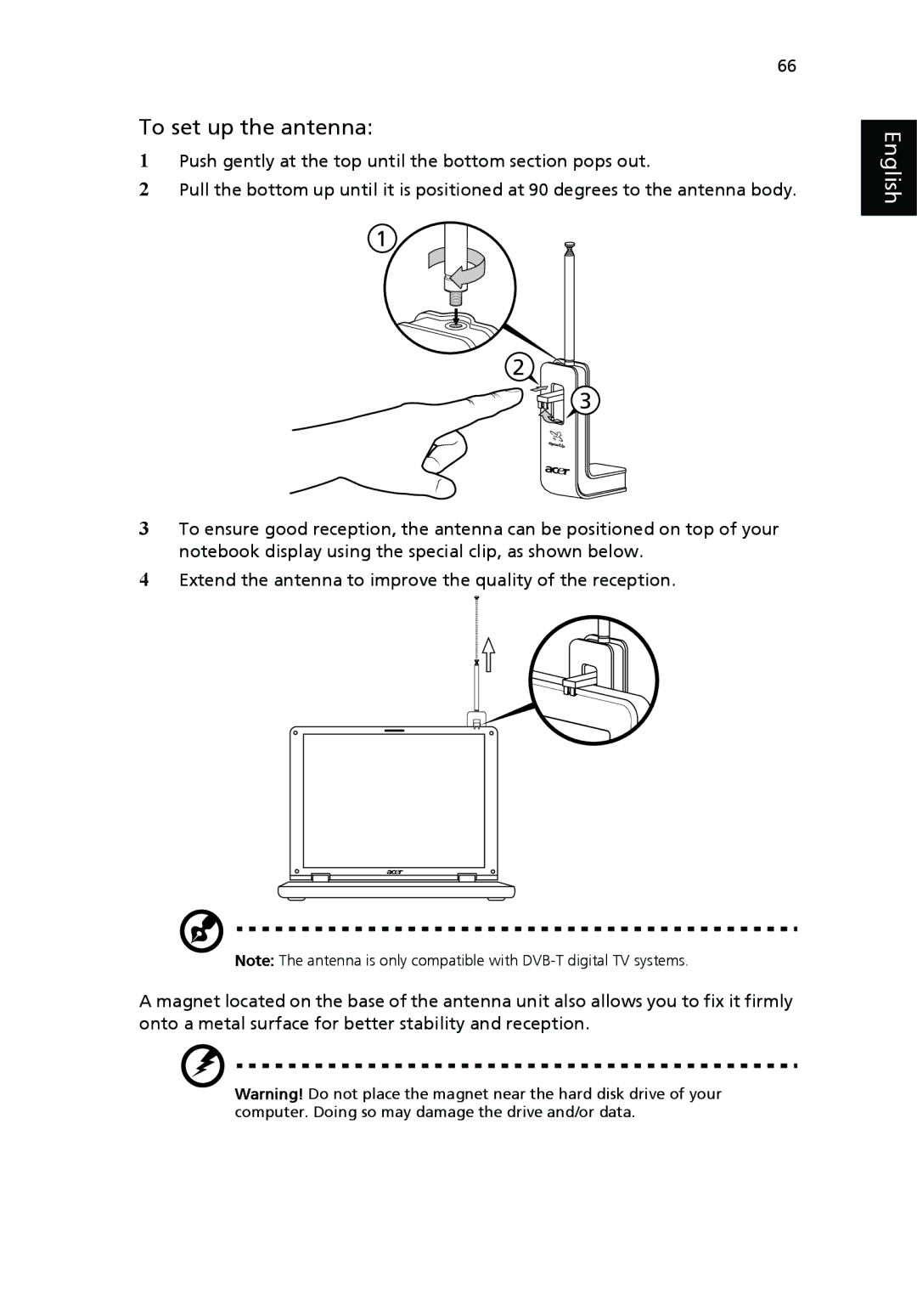 Acer 9500 manual To set up the antenna 