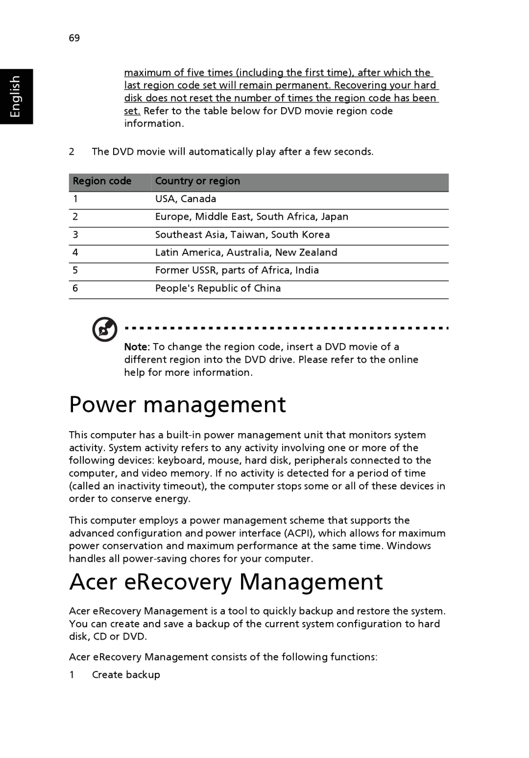 Acer 9500 manual Power management, Acer eRecovery Management, Region code Country or region 