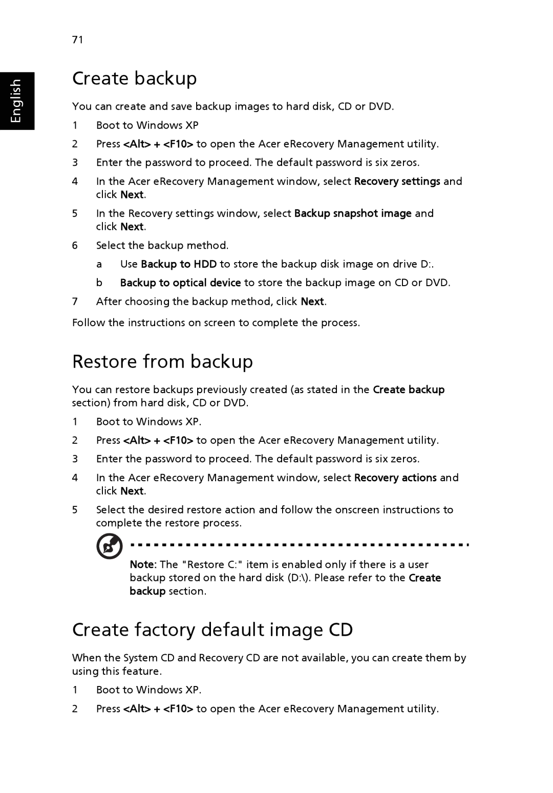 Acer 9500 manual Create backup, Restore from backup, Create factory default image CD 