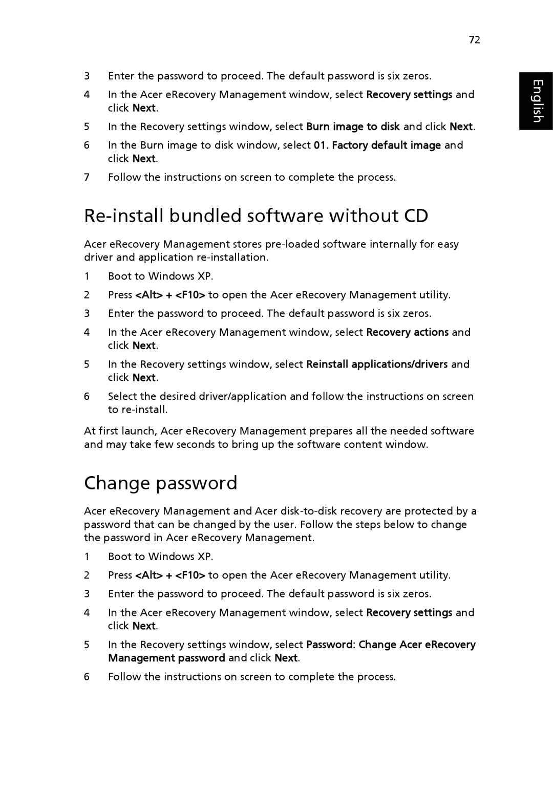 Acer 9500 manual Re-install bundled software without CD, Change password 