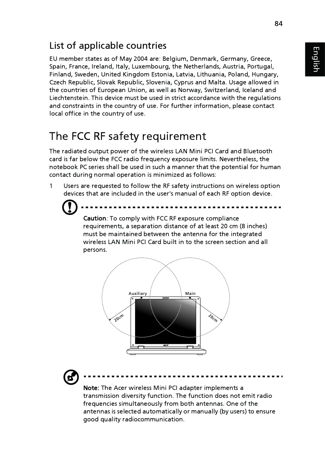 Acer 9500 manual FCC RF safety requirement, List of applicable countries 