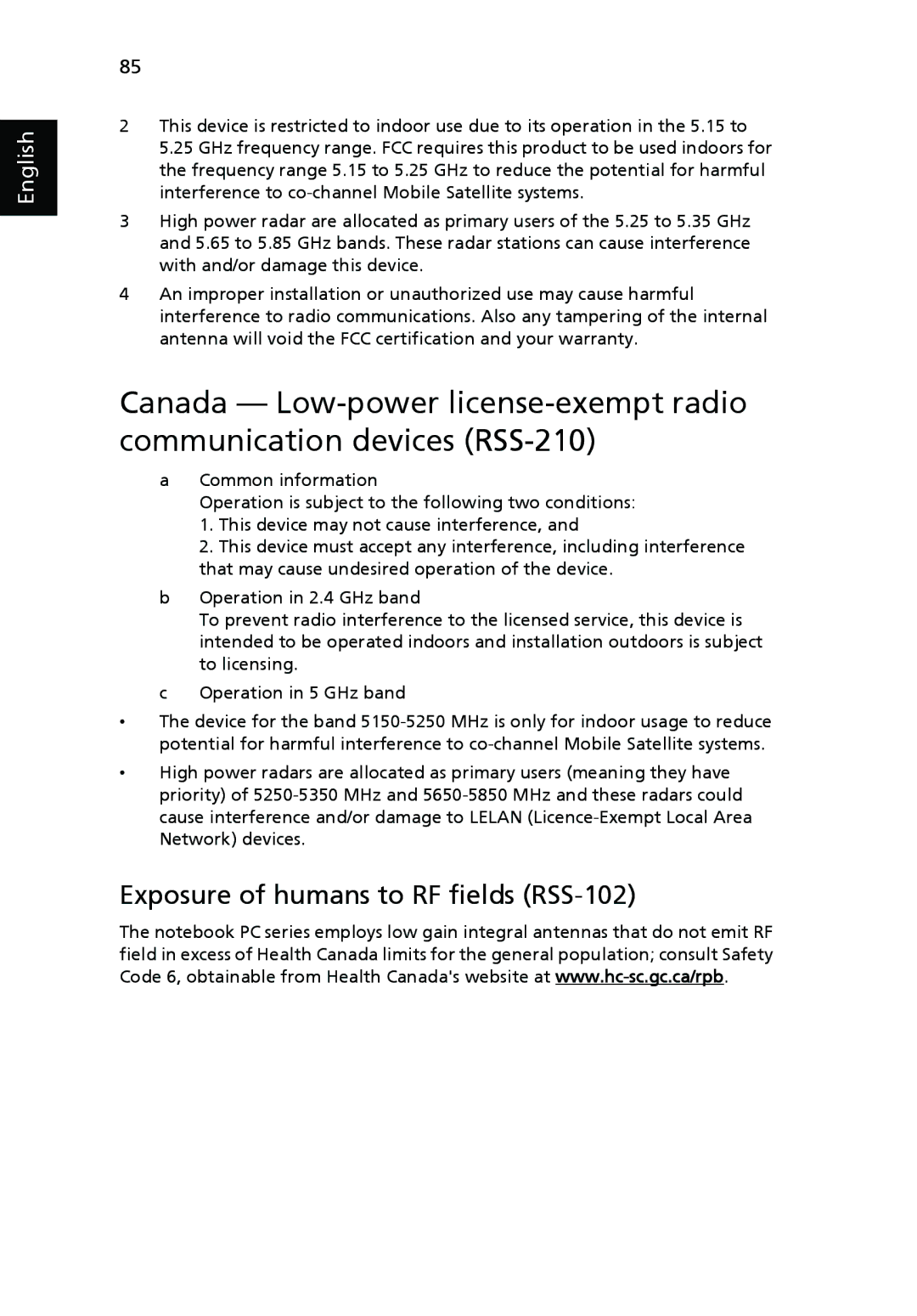 Acer 9500 manual Exposure of humans to RF fields RSS-102 