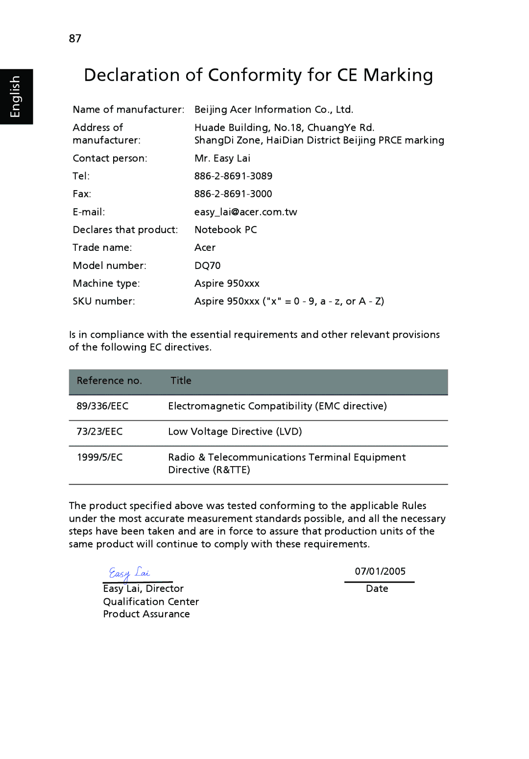 Acer 9500 manual Declaration of Conformity for CE Marking 