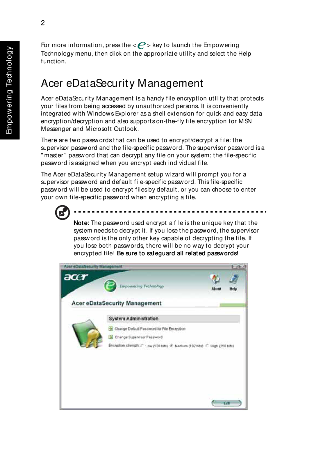 Acer 9500 manual Acer eDataSecurity Management 