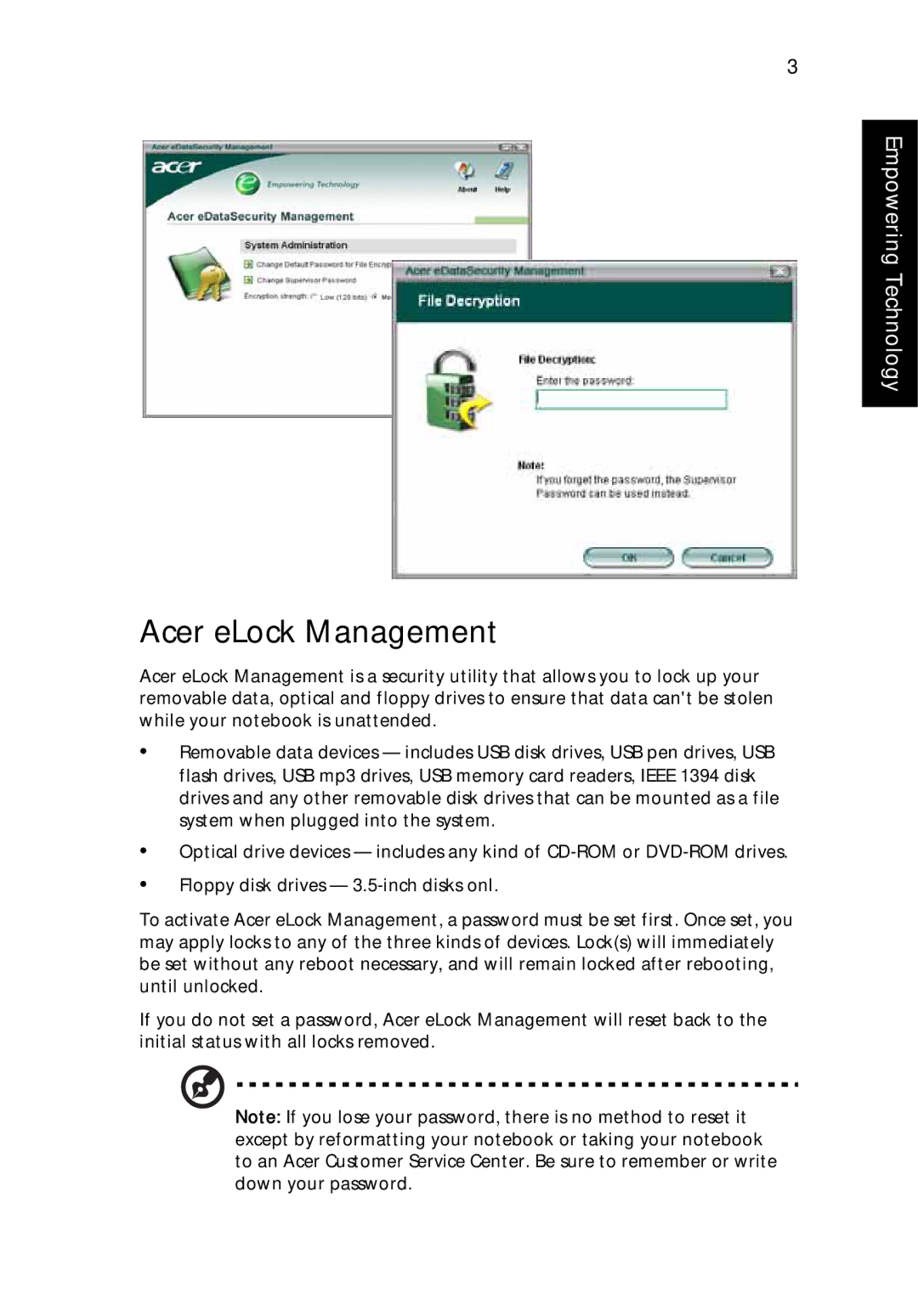 Acer 9500 manual Acer eLock Management 