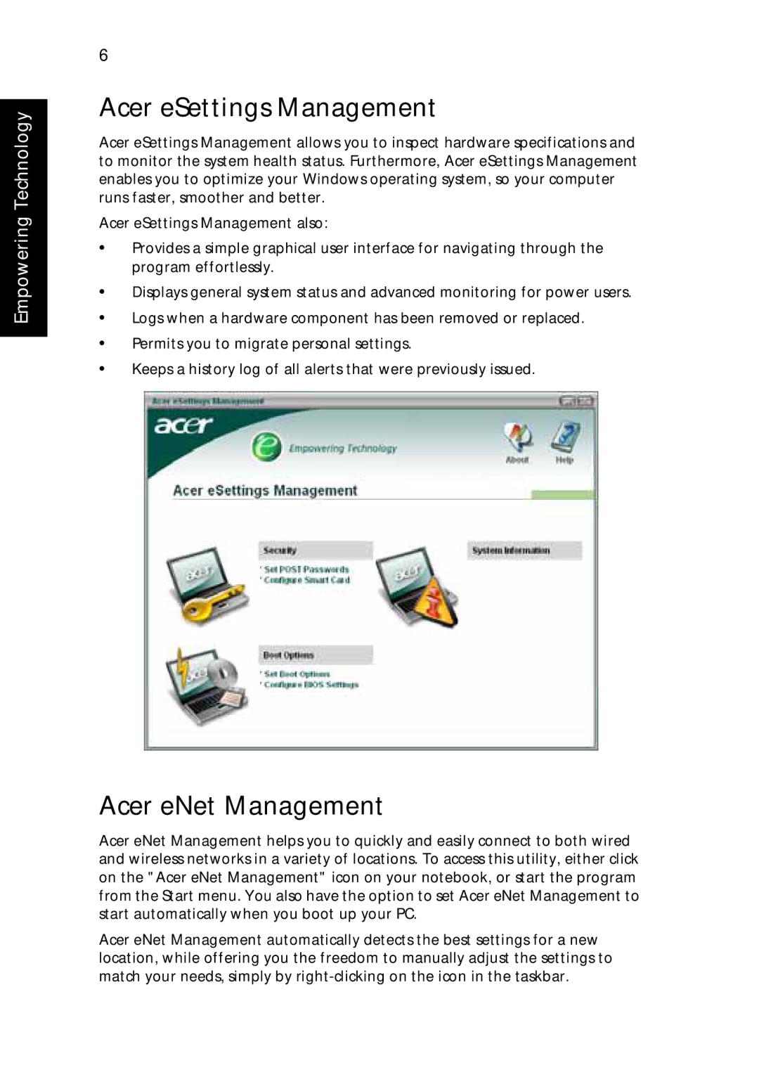 Acer 9500 manual Acer eSettings Management, Acer eNet Management 