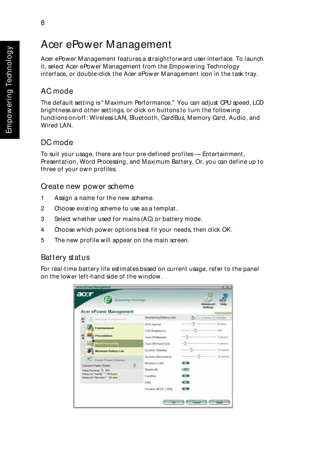 Acer 9500 manual Acer ePower Management, AC mode, DC mode, Create new power scheme, Battery status 