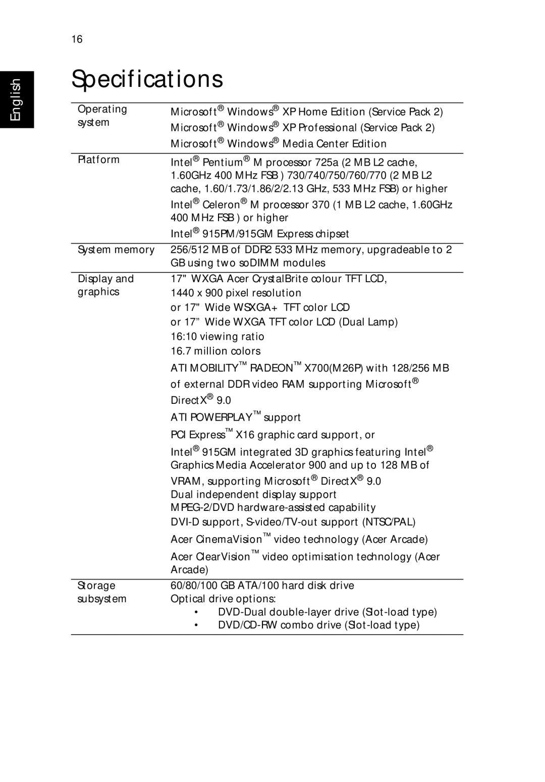 Acer 9500 manual Specifications 