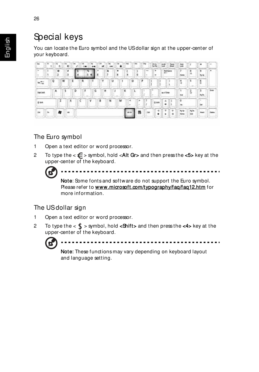 Acer 9500 manual Special keys, Euro symbol, US dollar sign 