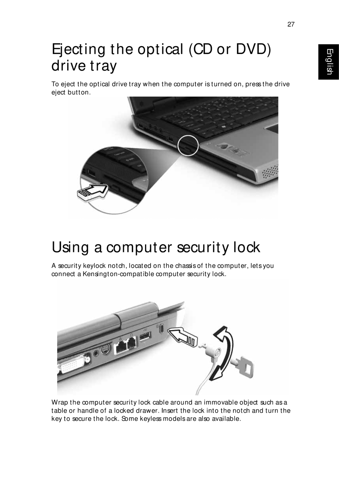 Acer 9500 manual Ejecting the optical CD or DVD drive tray, Using a computer security lock 