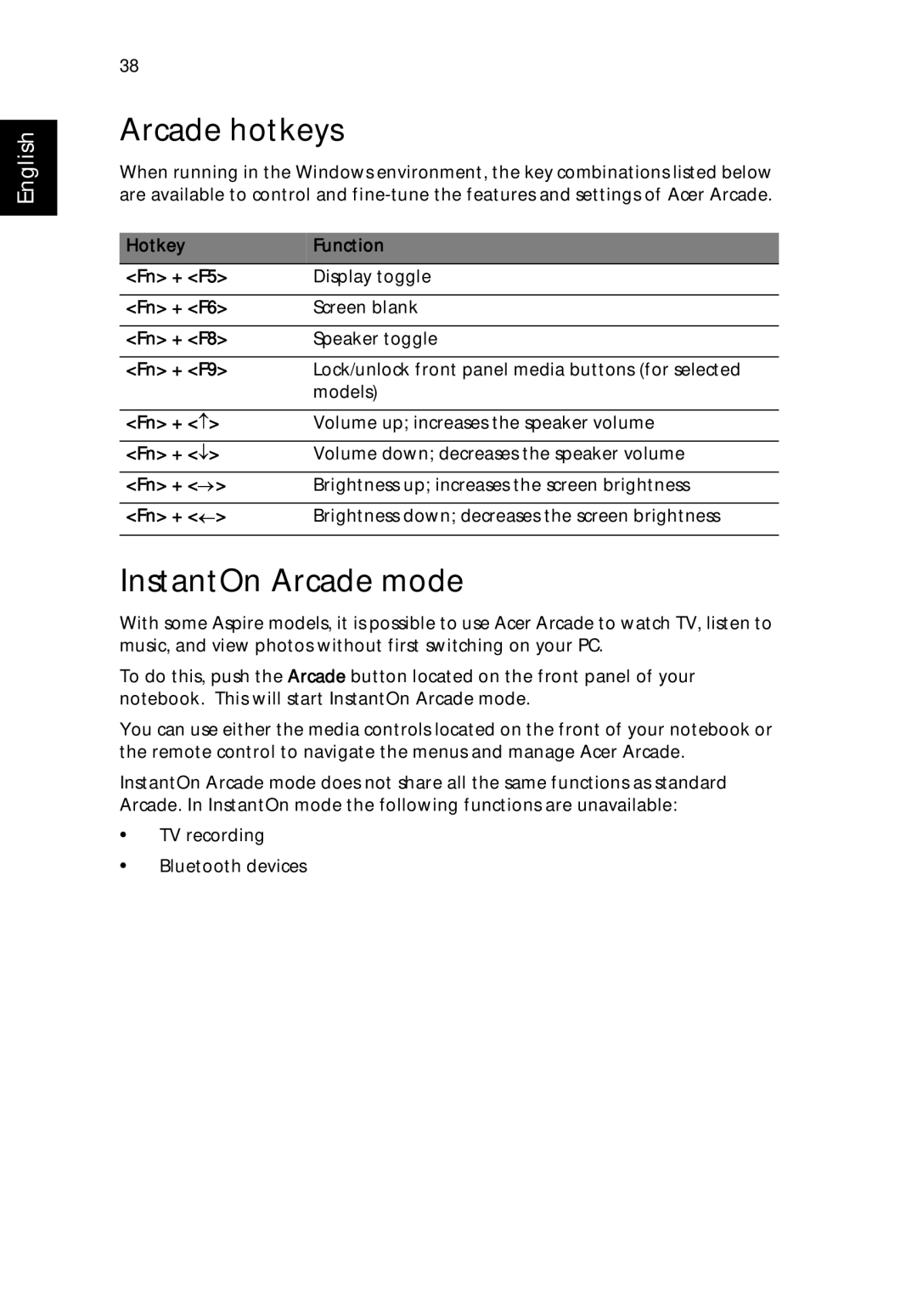 Acer 9500 manual Arcade hotkeys, InstantOn Arcade mode 