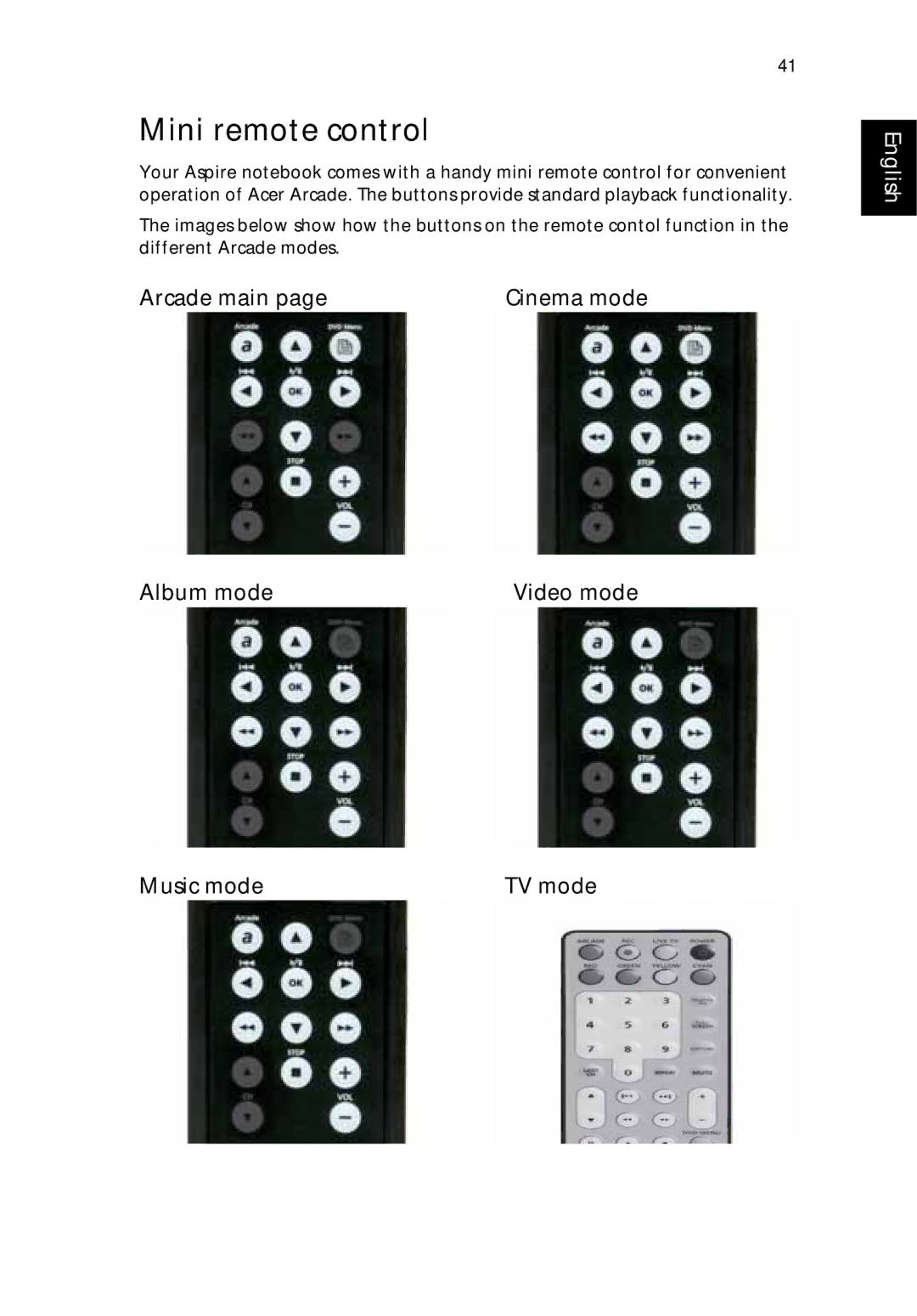 Acer 9500 manual Mini remote control, Arcade main Cinema mode, Album mode Video mode Music mode TV mode 