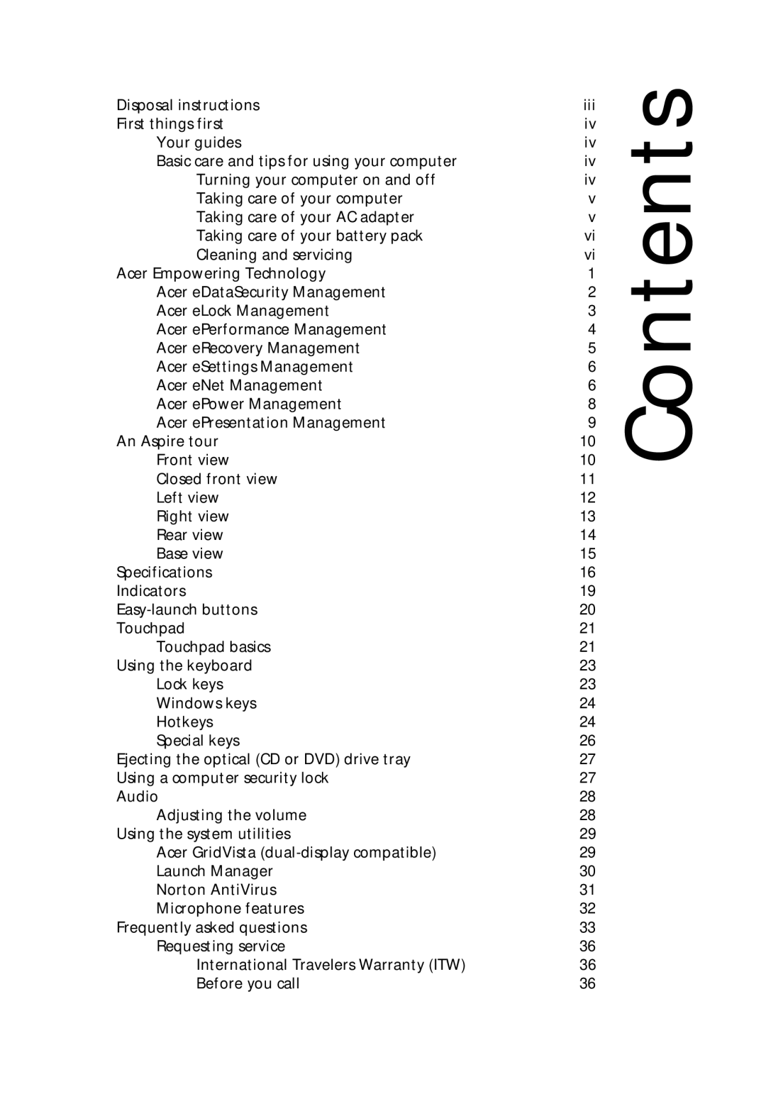 Acer 9500 manual Contents 