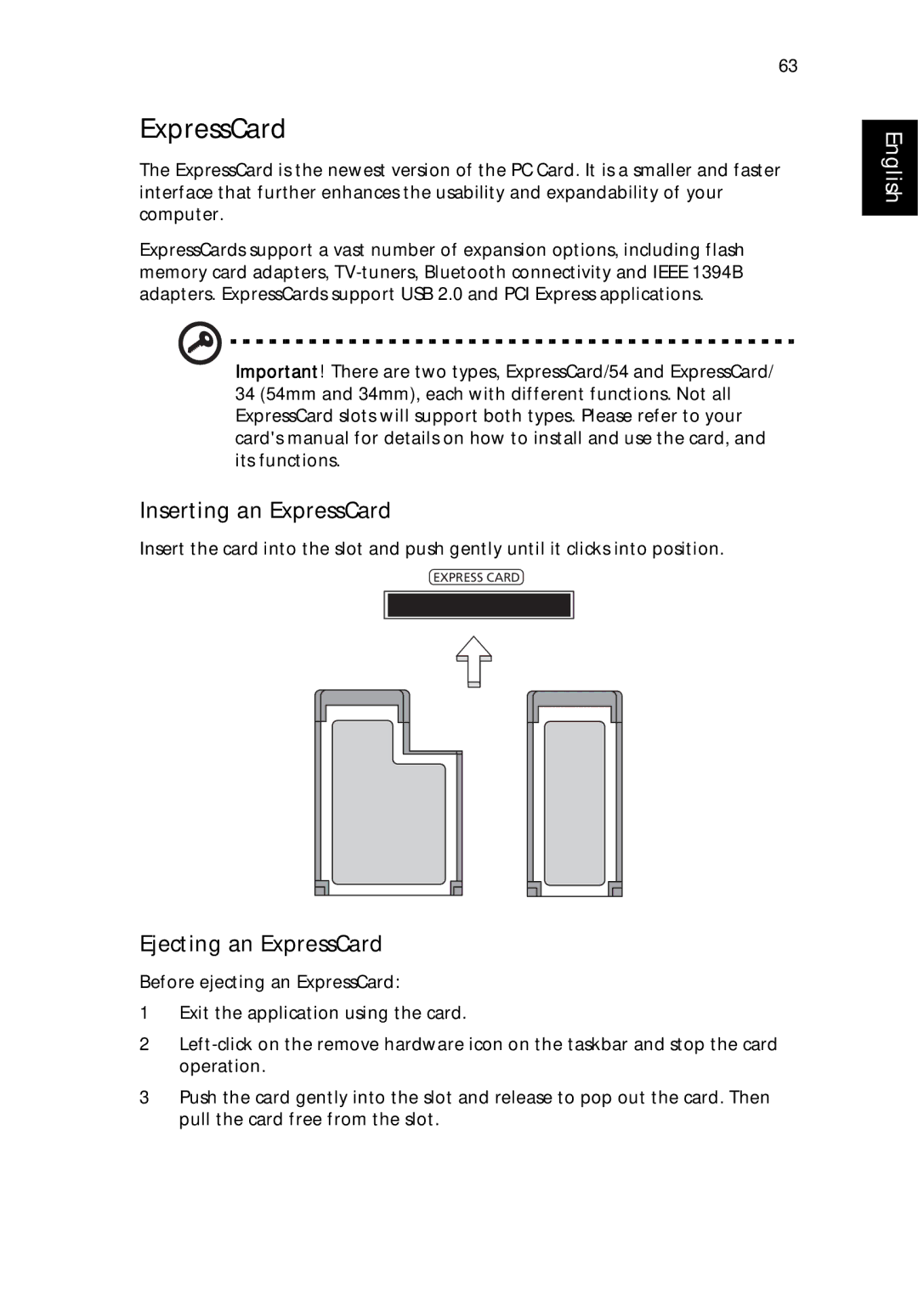 Acer 9500 manual Inserting an ExpressCard, Ejecting an ExpressCard 