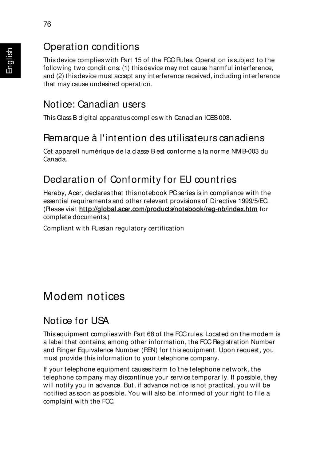 Acer 9500 manual Modem notices, Operation conditions, Remarque à lintention des utilisateurs canadiens 