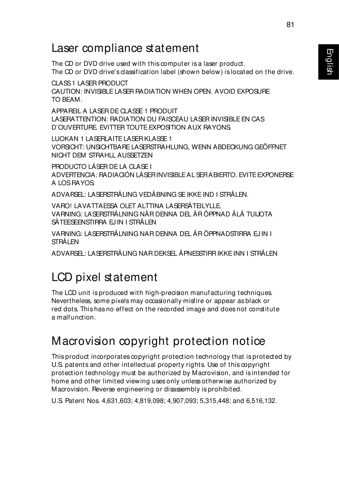 Acer 9500 manual Laser compliance statement, LCD pixel statement, Macrovision copyright protection notice 