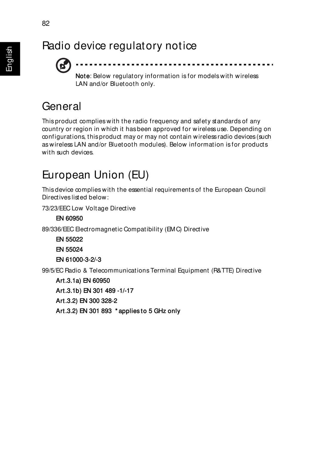 Acer 9500 manual Radio device regulatory notice General, European Union EU, EN 61000-3-2/-3 