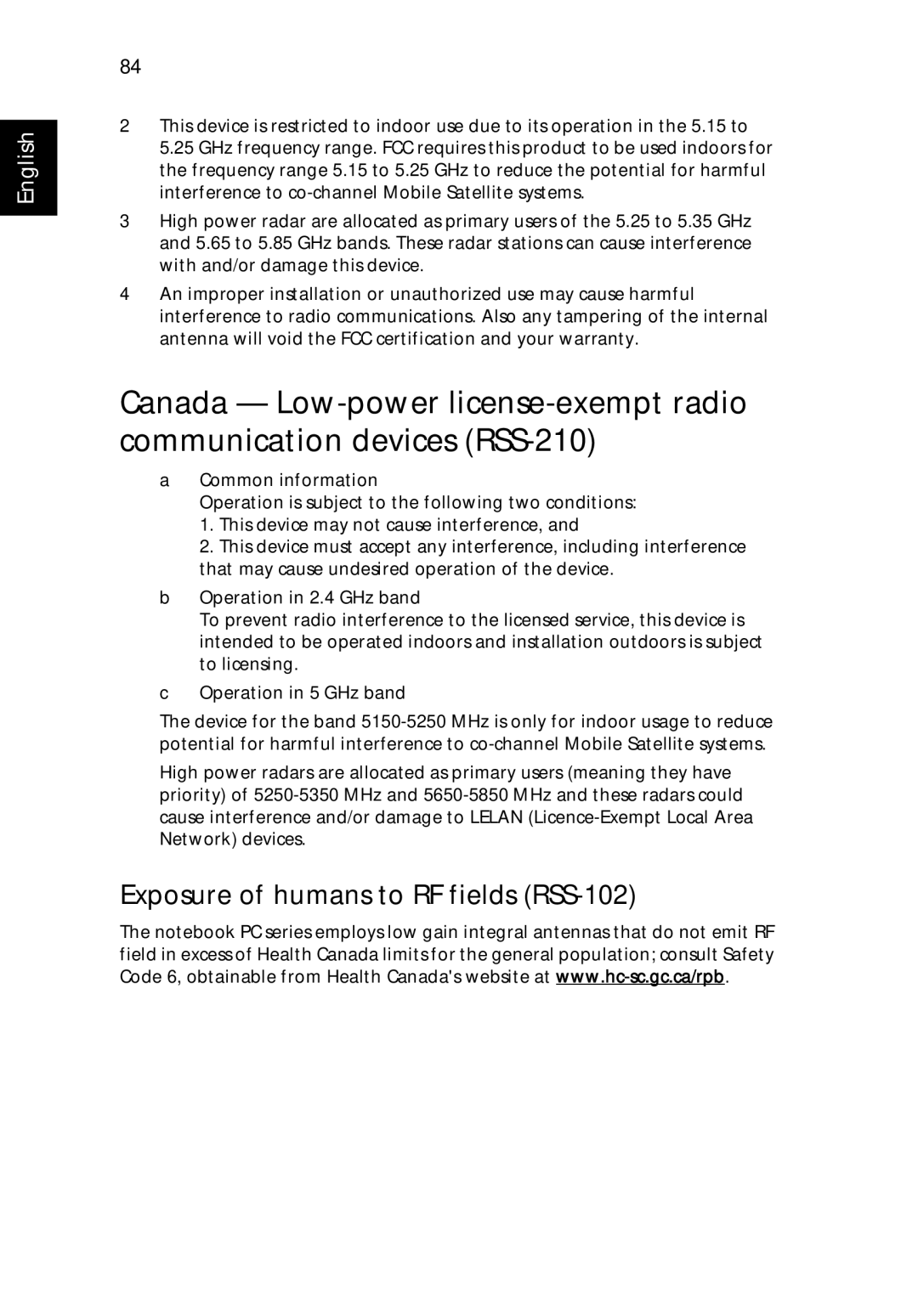 Acer 9500 manual Exposure of humans to RF fields RSS-102 