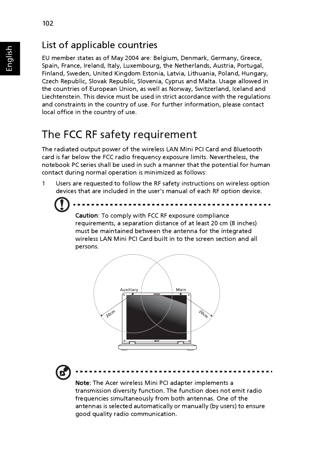 Acer 9520, 9510 manual FCC RF safety requirement, List of applicable countries 