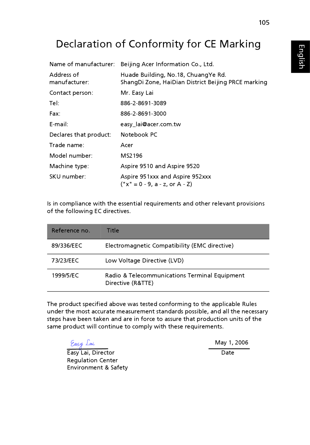 Acer 9510, 9520 manual Declaration of Conformity for CE Marking 