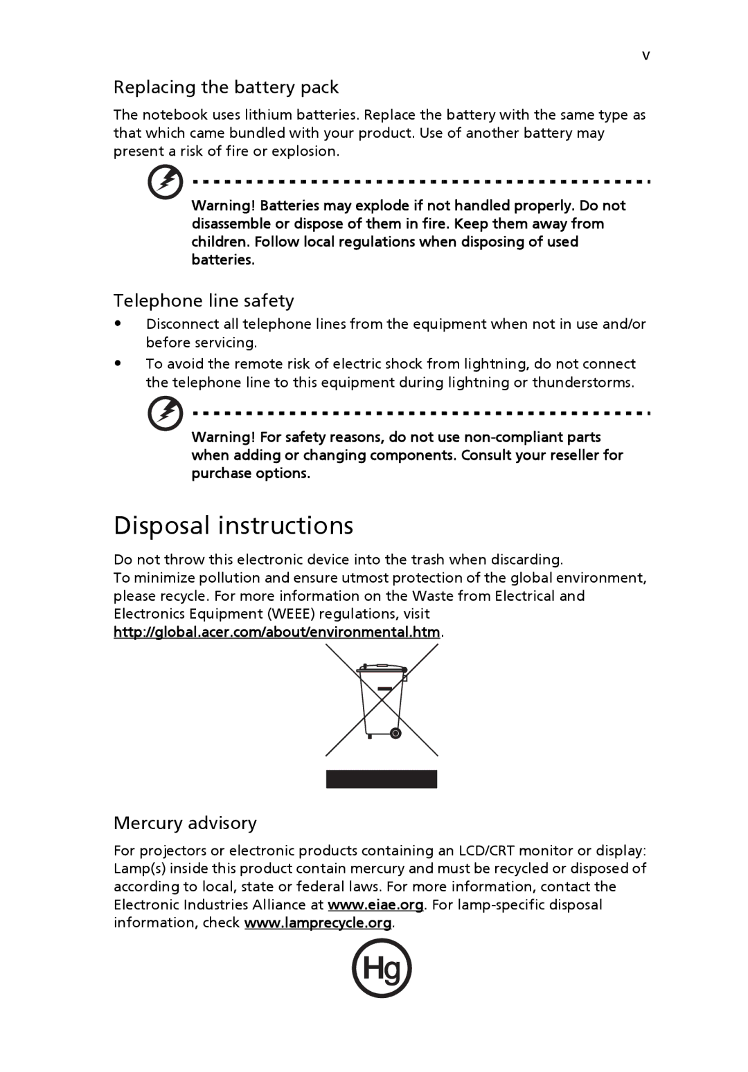 Acer 9510, 9520 manual Disposal instructions, Replacing the battery pack Telephone line safety, Mercury advisory 